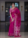 Banarasee Handloom Cotton Silk Saree With Zari Buti Design & Geometric Border-Magenta