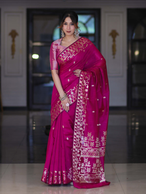 Banarasee Handloom Cotton Silk Saree With Zari Buti Design & Geometric Border-Magenta