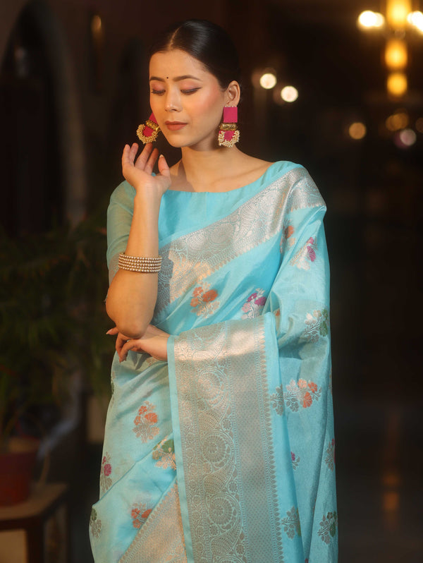 Banarasee Semi Georgette Saree With Silver Zari Meena Design & Border-Light Blue