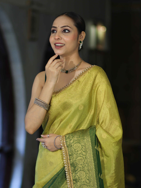 Banarasee Handloom Dual Color Tissue Silk Saree With Zari Buta Design Border & Lace-Yellow & Green
