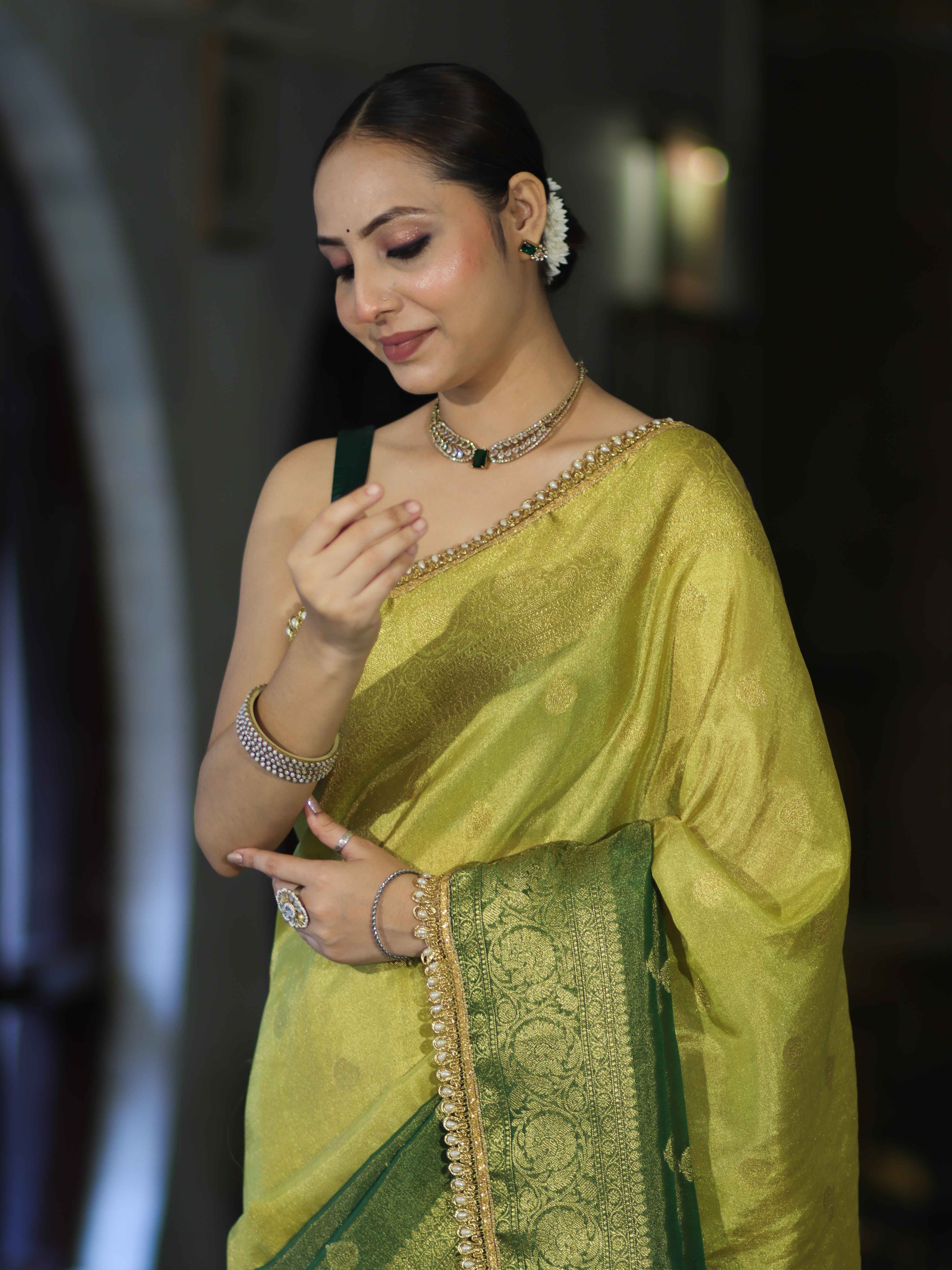 Banarasee Handloom Dual Color Tissue Silk Saree With Zari Buta Design Border & Lace-Yellow & Green