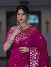 Banarasee Handloom Cotton Silk Saree With Zari Buti Design & Geometric Border-Magenta