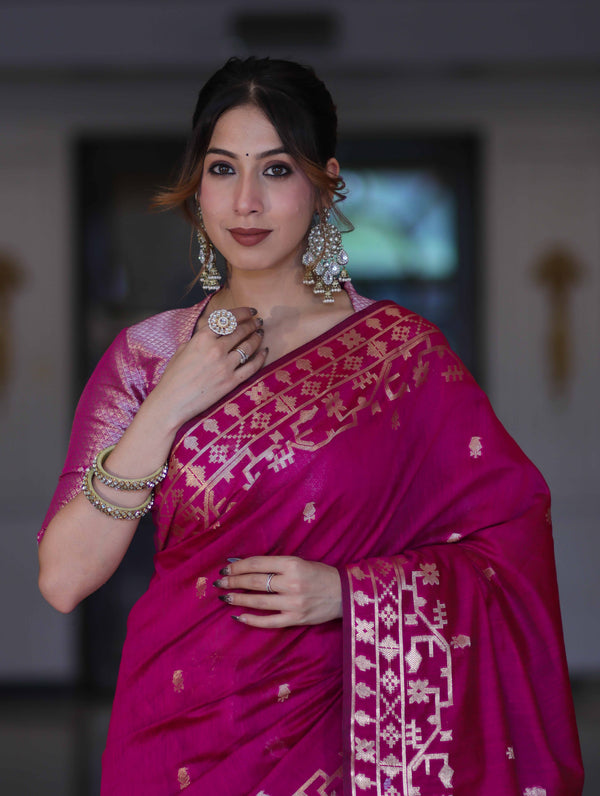 Banarasee Handloom Cotton Silk Saree With Zari Buti Design & Geometric Border-Magenta