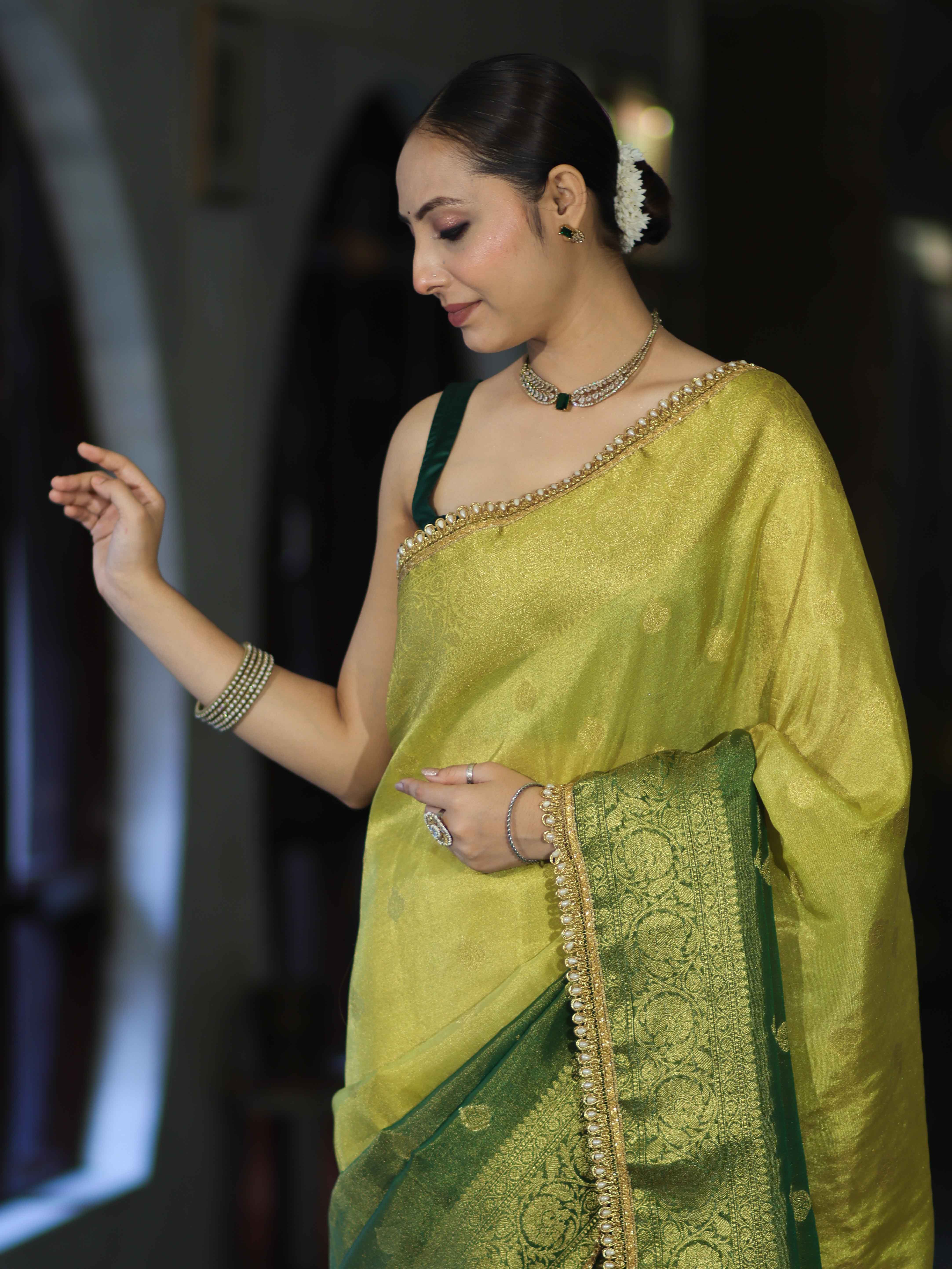 Banarasee Handloom Dual Color Tissue Silk Saree With Zari Buta Design Border & Lace-Yellow & Green