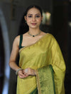 Banarasee Handloom Dual Color Tissue Silk Saree With Zari Buta Design Border & Lace-Yellow & Green