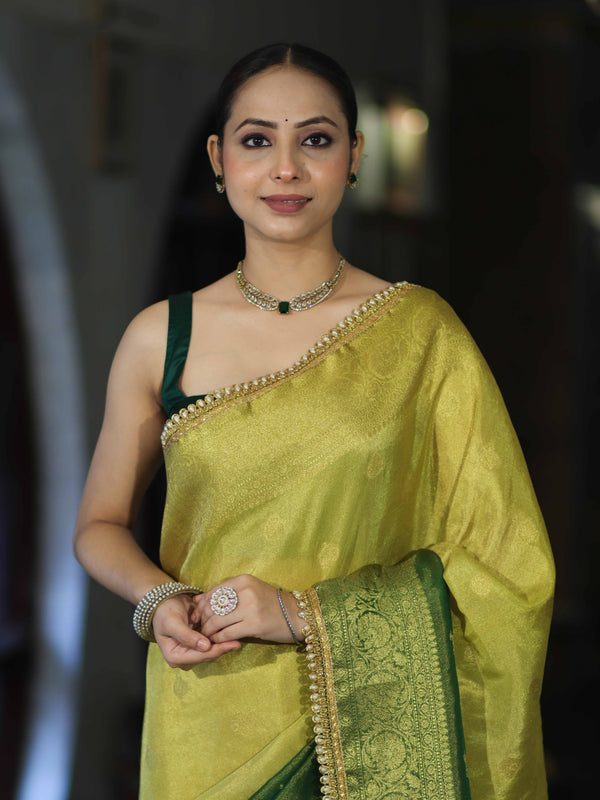 Banarasee Handloom Dual Color Tissue Silk Saree With Zari Buta Design Border & Lace-Yellow & Green