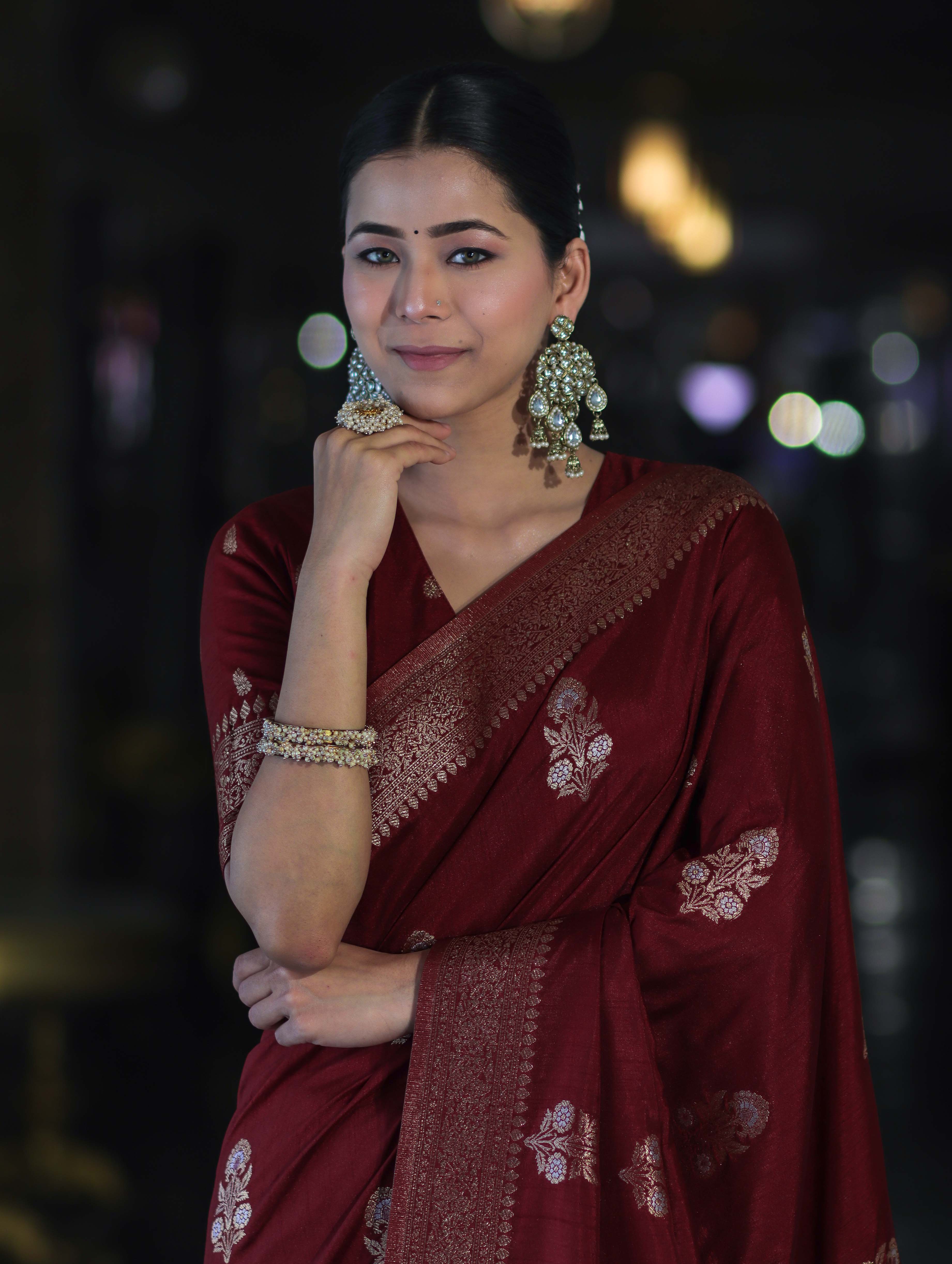 Banarasee Handloom Semi Silk Saree With Sona Rupa Zari Work & Border-Burgundy