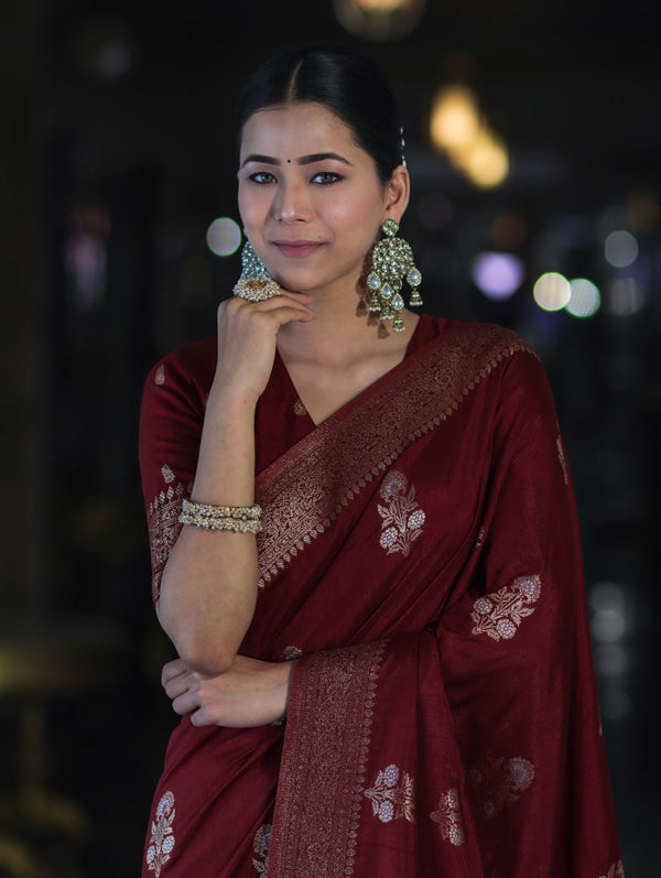 Banarasee Handloom Semi Silk Saree With Sona Rupa Zari Work & Border-Burgundy