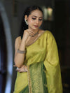 Banarasee Handloom Dual Color Tissue Silk Saree With Zari Buta Design Border & Lace-Yellow & Green