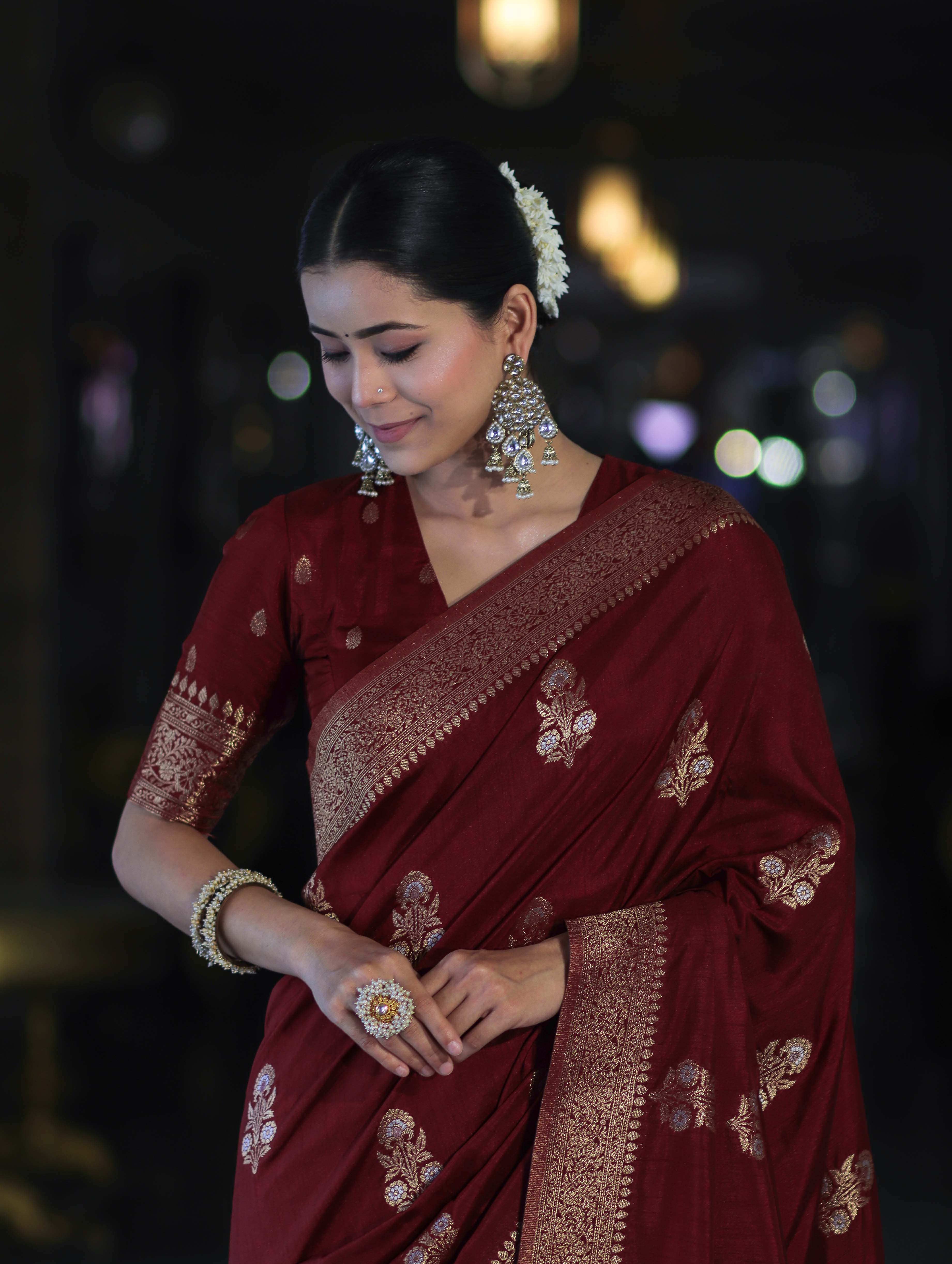 Banarasee Handloom Semi Silk Saree With Sona Rupa Zari Work & Border-Burgundy