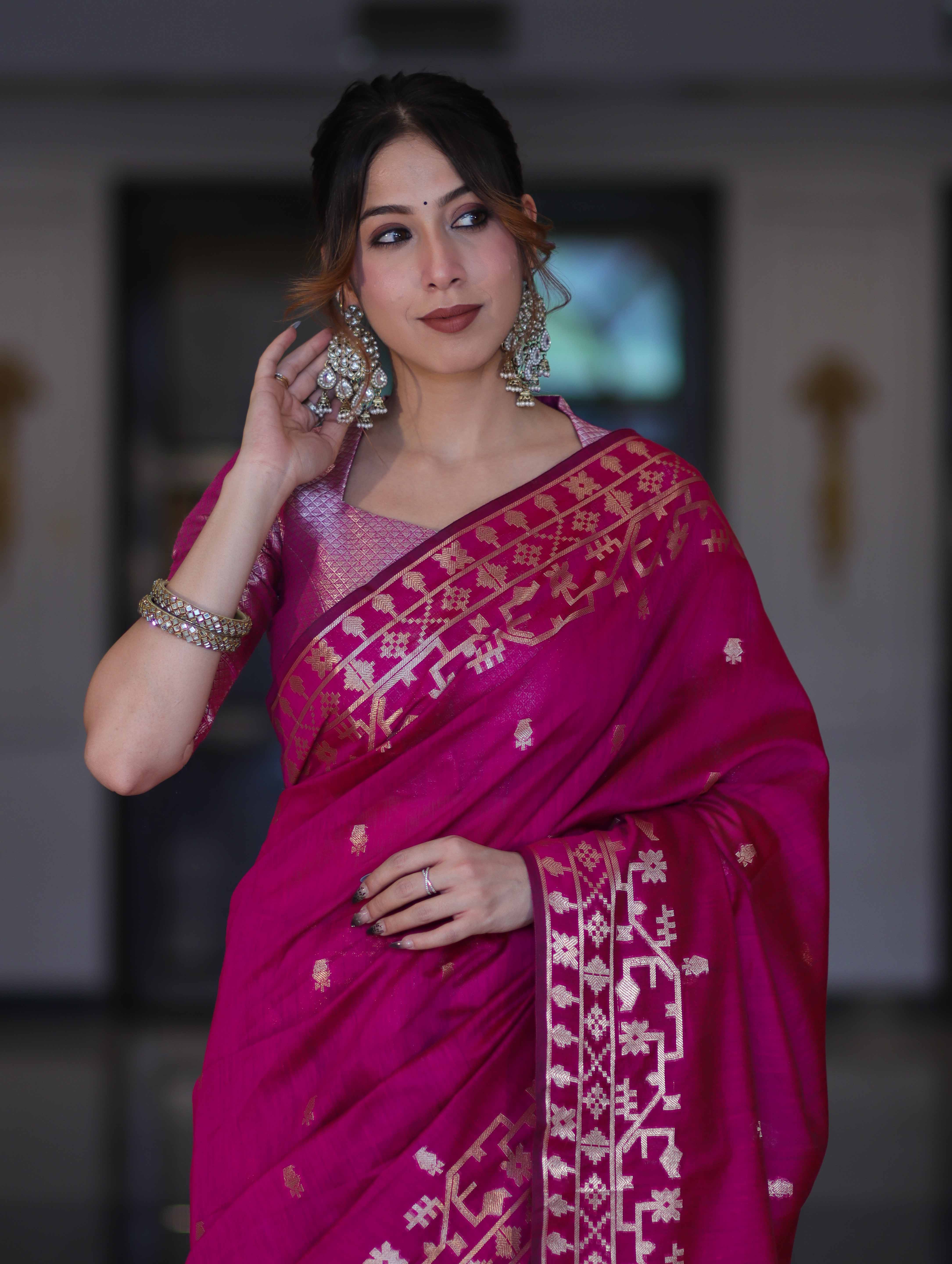 Banarasee Handloom Cotton Silk Saree With Zari Buti Design & Geometric Border-Magenta