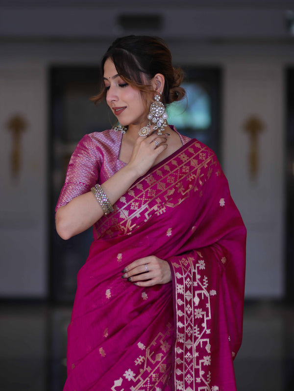 Banarasee Handloom Cotton Silk Saree With Zari Buti Design & Geometric Border-Magenta