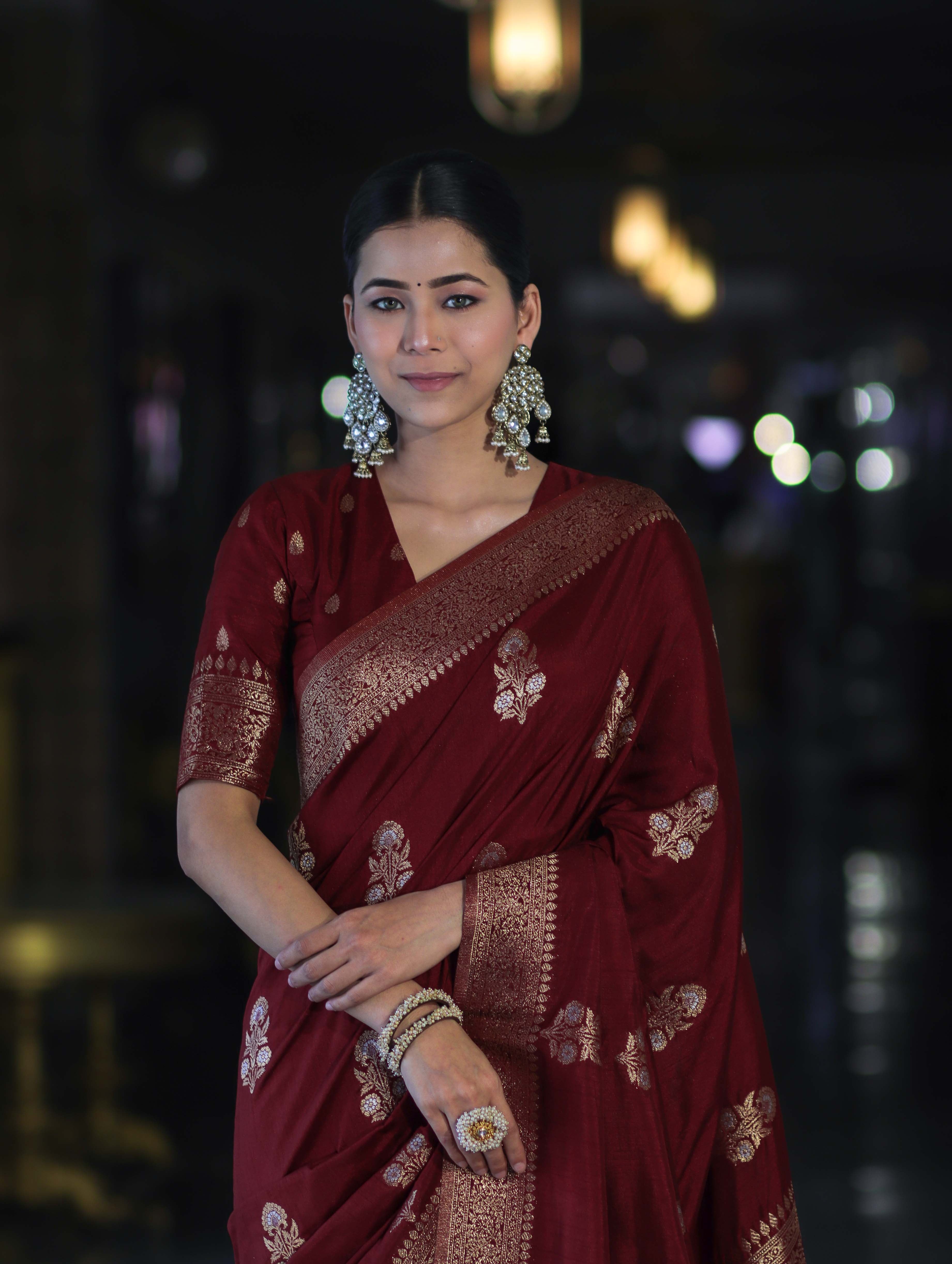 Banarasee Handloom Semi Silk Saree With Sona Rupa Zari Work & Border-Burgundy