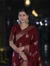 Banarasee Handloom Semi Silk Saree With Sona Rupa Zari Work & Border-Burgundy