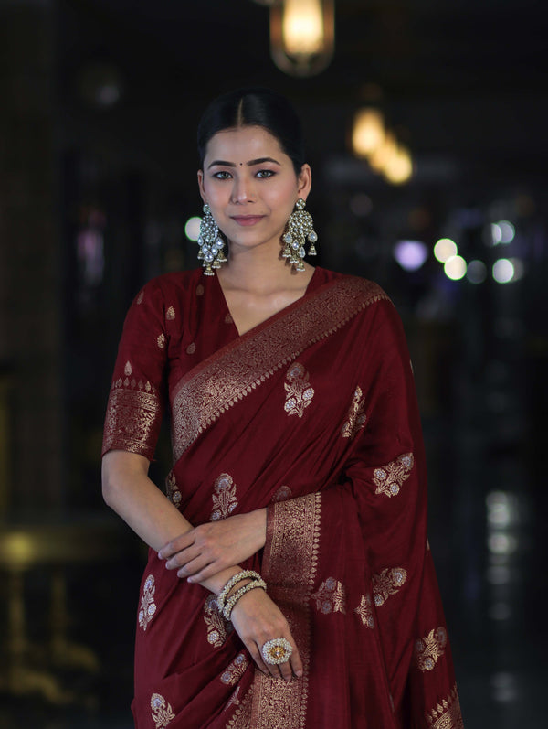 Banarasee Handloom Semi Silk Saree With Sona Rupa Zari Work & Border-Burgundy