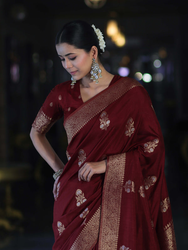Banarasee Handloom Semi Silk Saree With Sona Rupa Zari Work & Border-Burgundy