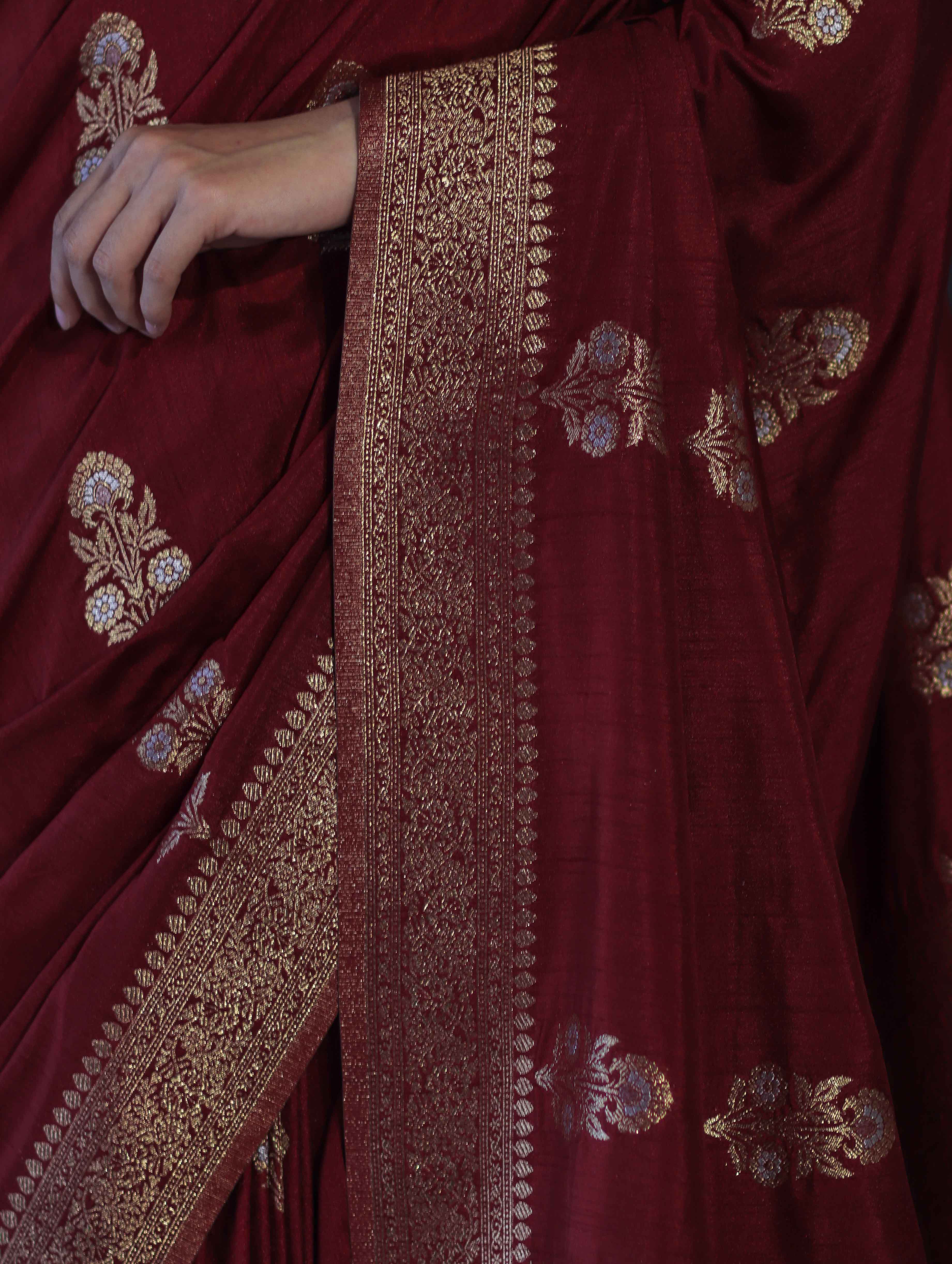 Banarasee Handloom Semi Silk Saree With Sona Rupa Zari Work & Border-Burgundy