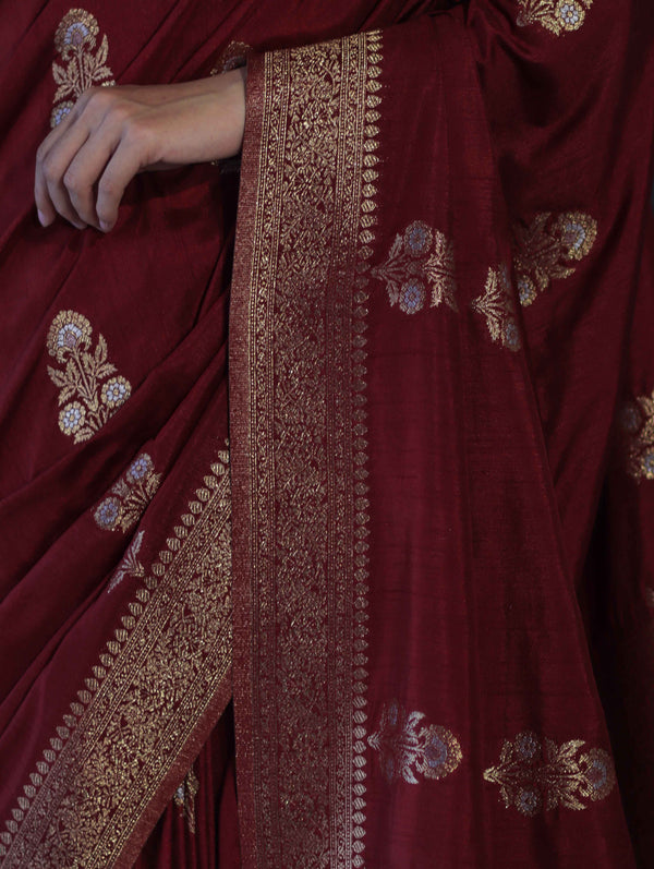 Banarasee Handloom Semi Silk Saree With Sona Rupa Zari Work & Border-Burgundy