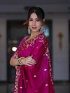 Banarasee Handloom Cotton Silk Saree With Zari Buti Design & Geometric Border-Magenta