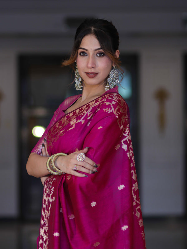 Banarasee Handloom Cotton Silk Saree With Zari Buti Design & Geometric Border-Magenta