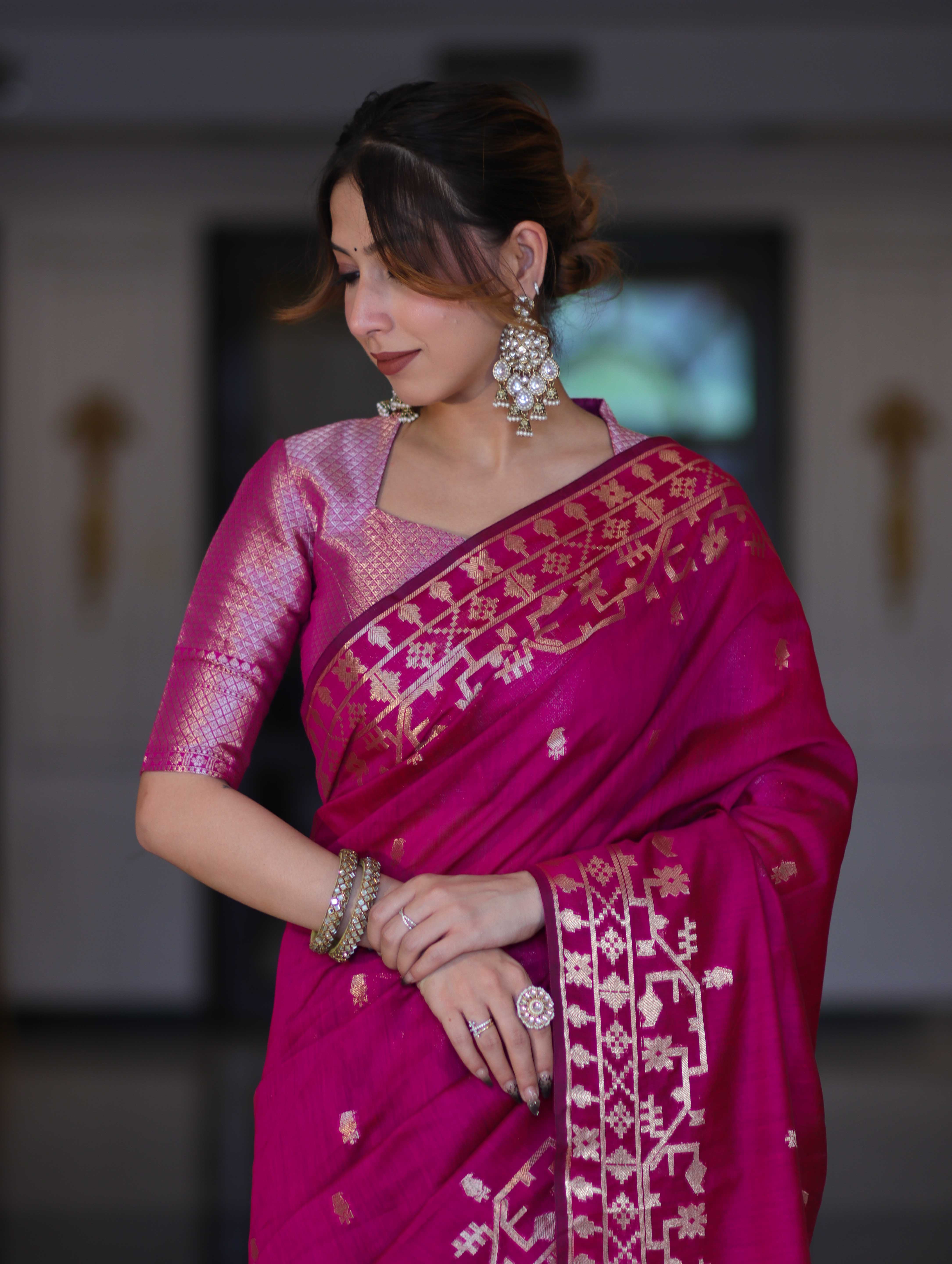Banarasee Handloom Cotton Silk Saree With Zari Buti Design & Geometric Border-Magenta
