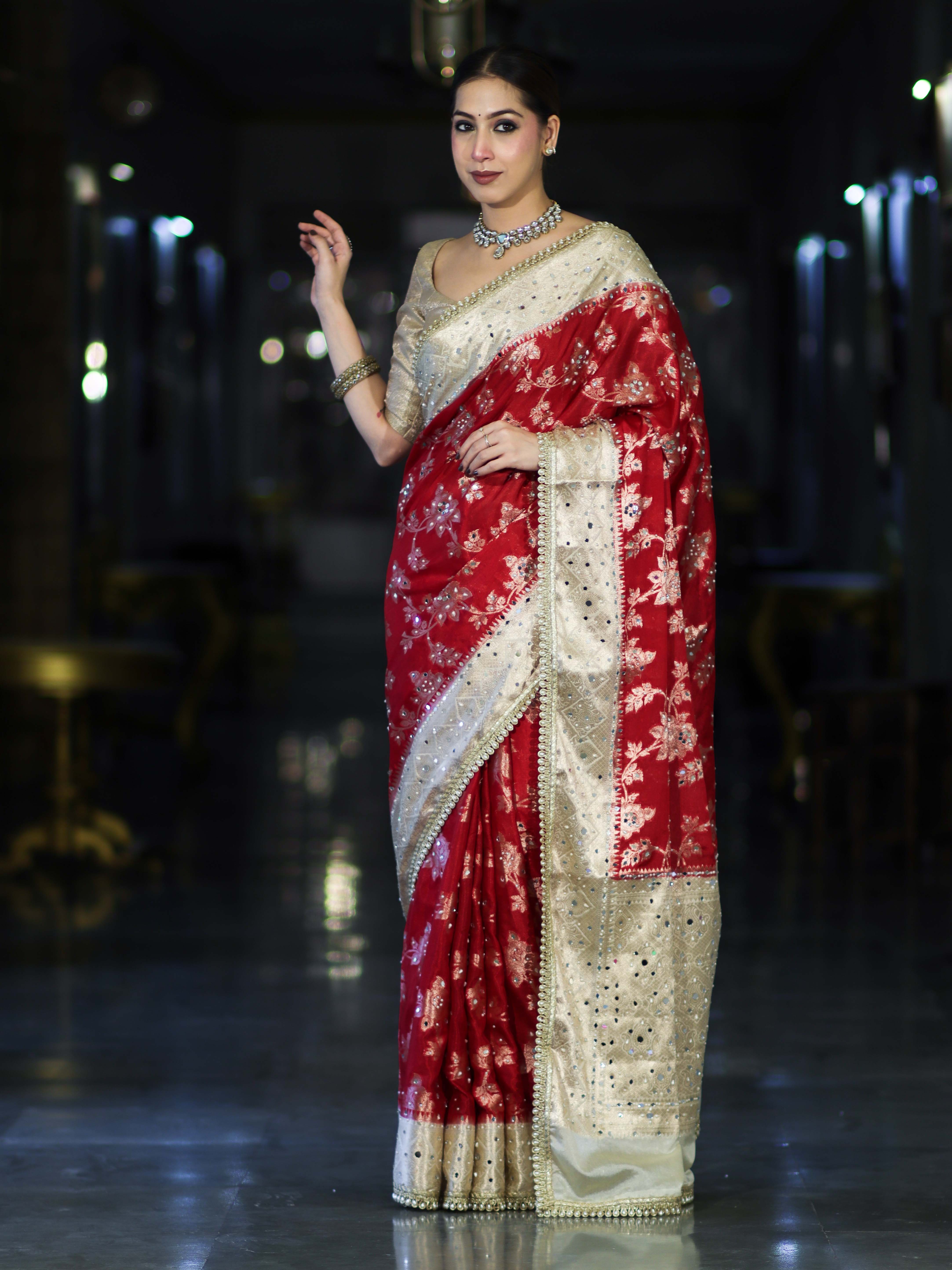 Banarasee Chiffon Saree With Hand Embroidered Mirror Work Zari Woven Design & Contrast Border-Red & Cream
