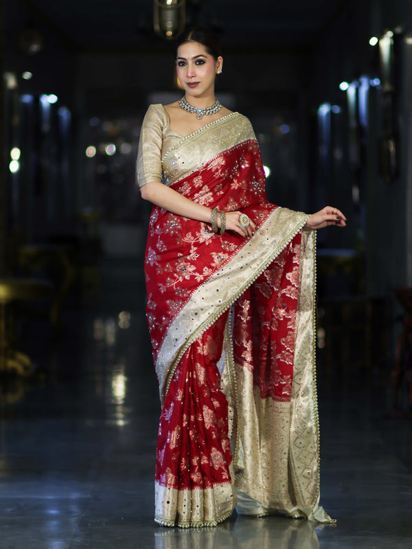 Banarasee Chiffon Saree With Hand Embroidered Mirror Work Zari Woven Design & Contrast Border-Red & Cream