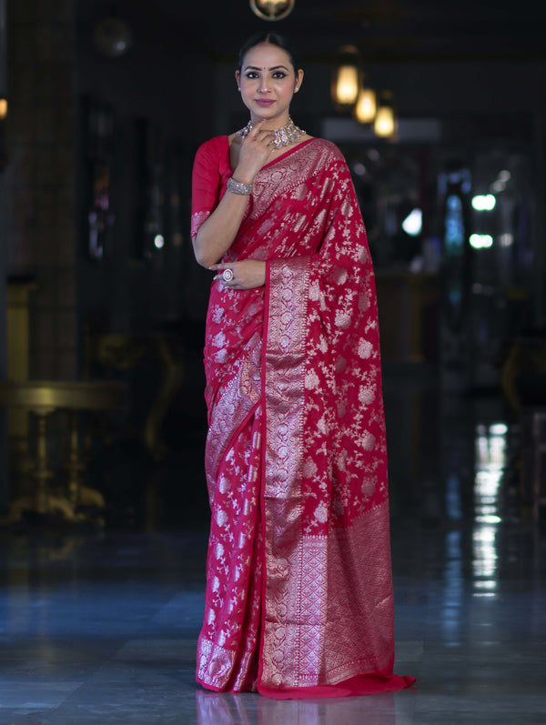 Banarasee Handwoven Georgette Saree With Zari Jaal Design & Border-Pink