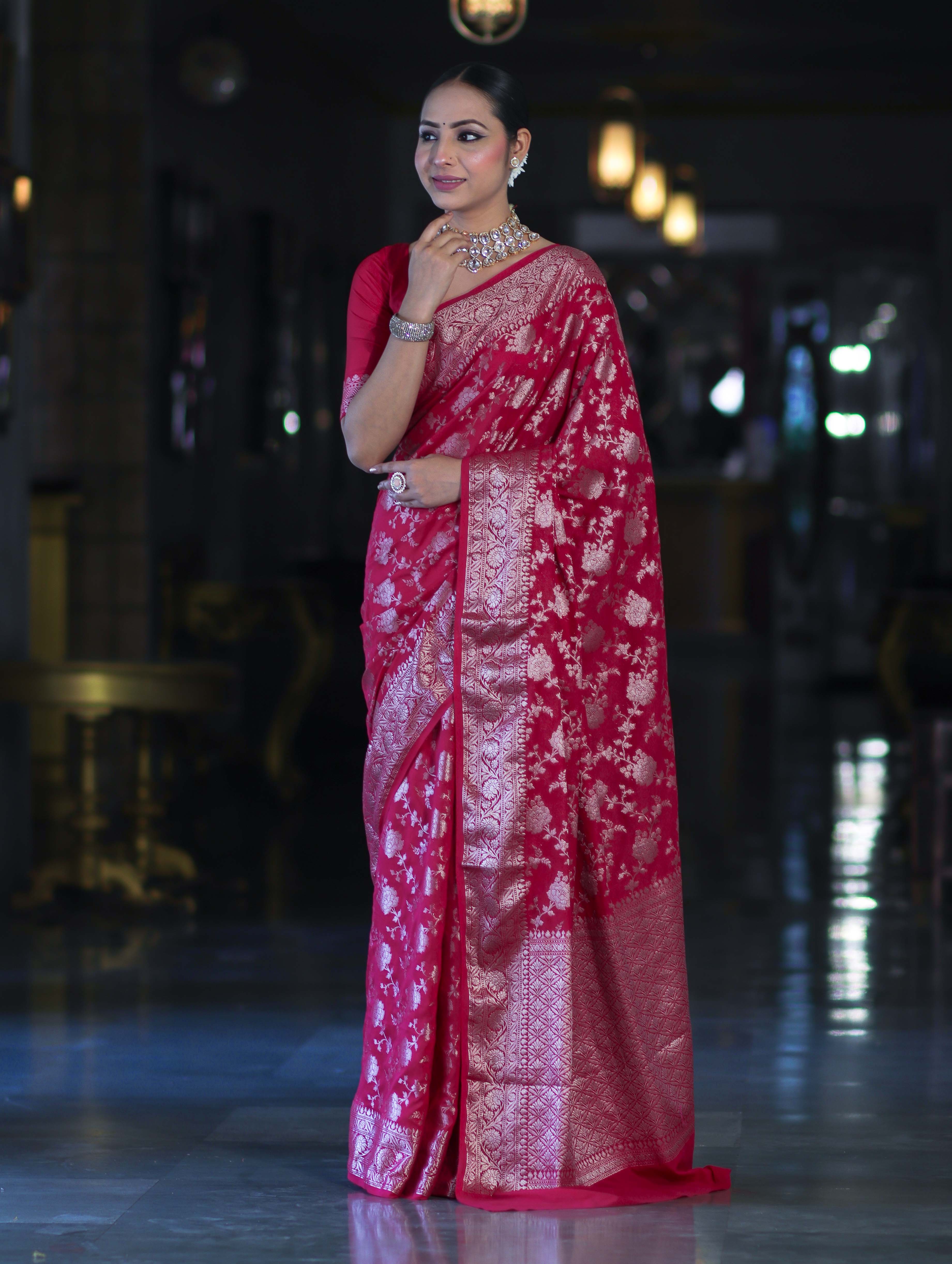 Banarasee Handwoven Georgette Saree With Zari Jaal Design & Border-Pink