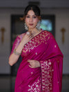 Banarasee Handloom Cotton Silk Saree With Zari Buti Design & Geometric Border-Magenta
