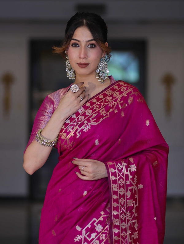Banarasee Handloom Cotton Silk Saree With Zari Buti Design & Geometric Border-Magenta