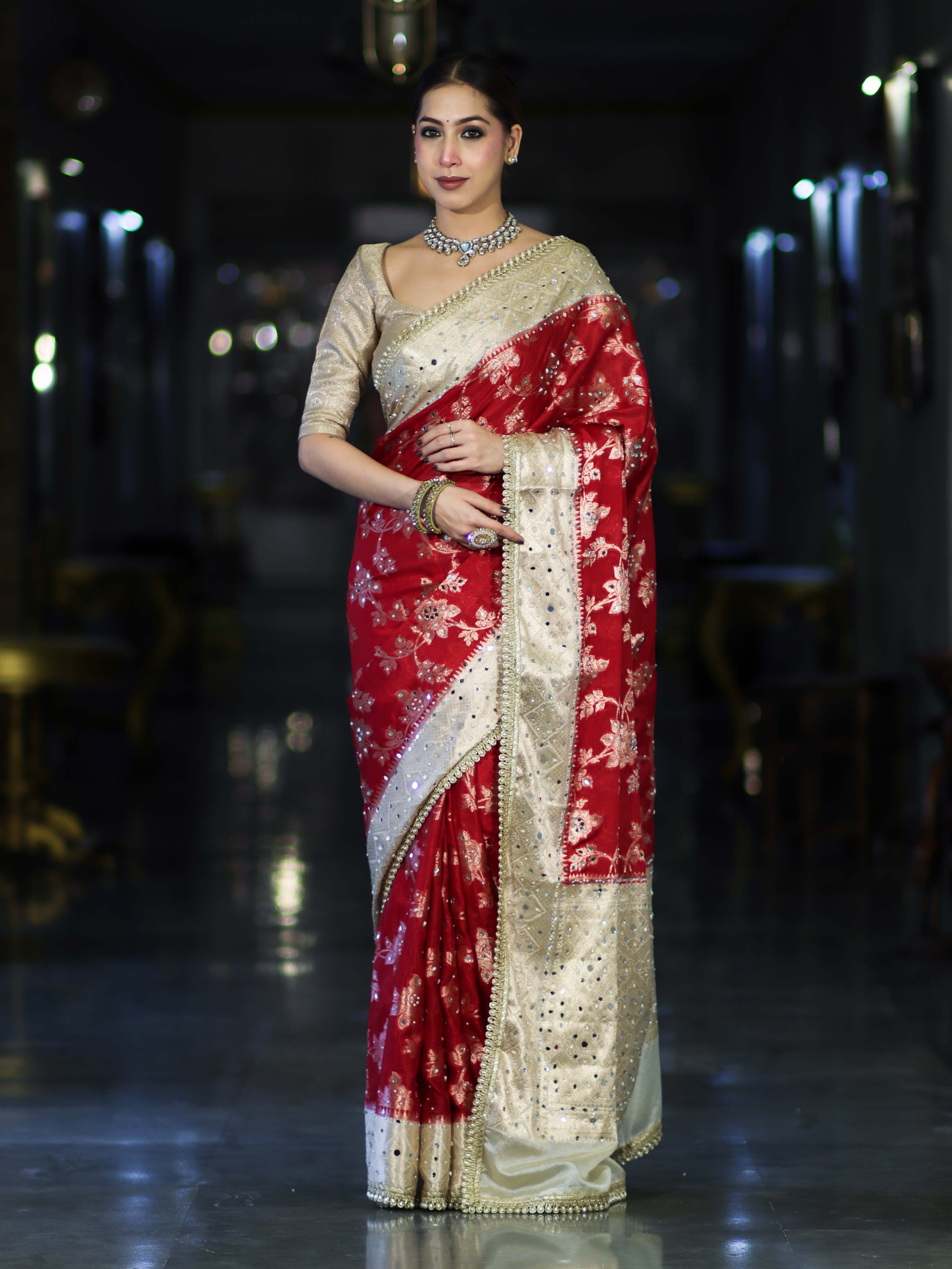 Banarasee Chiffon Saree With Hand Embroidered Mirror Work Zari Woven Design & Contrast Border-Red & Cream