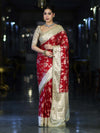 Banarasee Chiffon Saree With Hand Embroidered Mirror Work Zari Woven Design & Contrast Border-Red & Cream