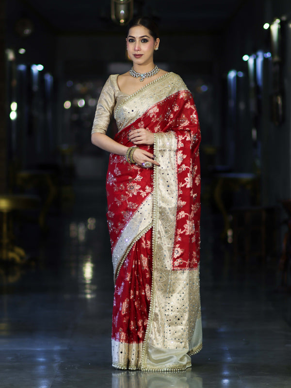 Banarasee Chiffon Saree With Hand Embroidered Mirror Work Zari Woven Design & Contrast Border-Red & Cream