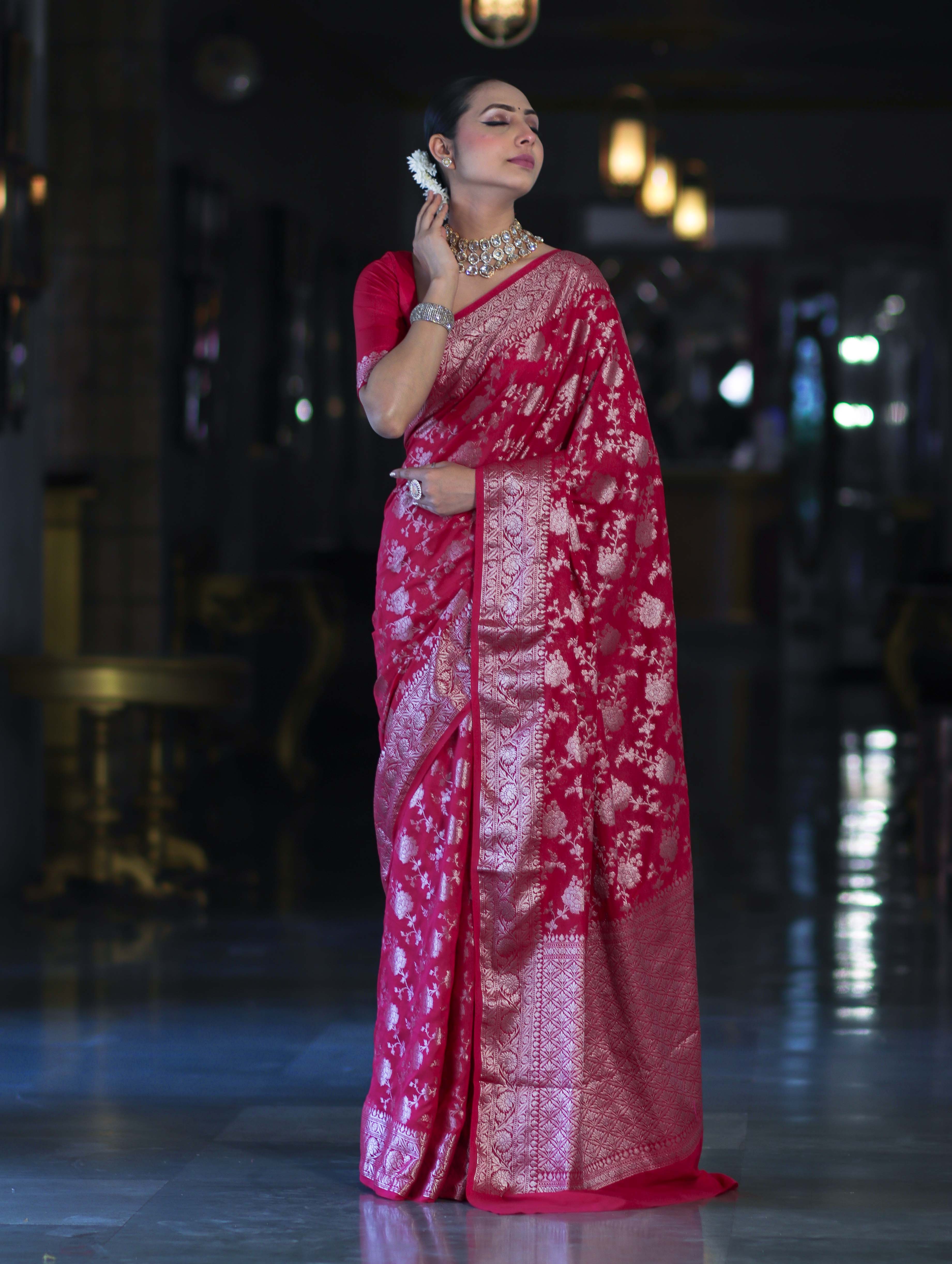 Banarasee Handwoven Georgette Saree With Zari Jaal Design & Border-Pink