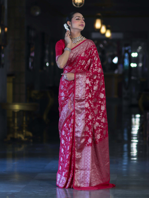 Banarasee Handwoven Georgette Saree With Zari Jaal Design & Border-Pink