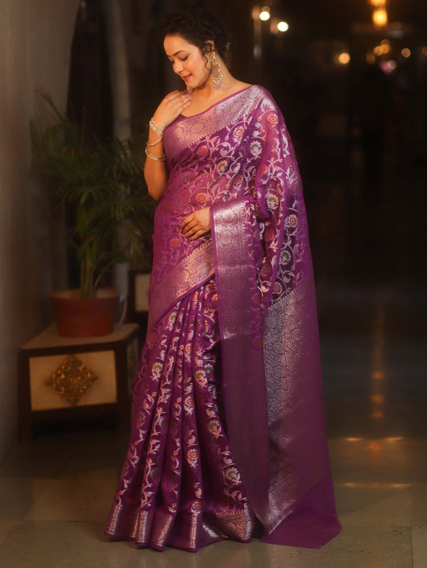 Banarasee Faux Georgette Saree With Sliver Zari & Resham Jaal Work-Violet