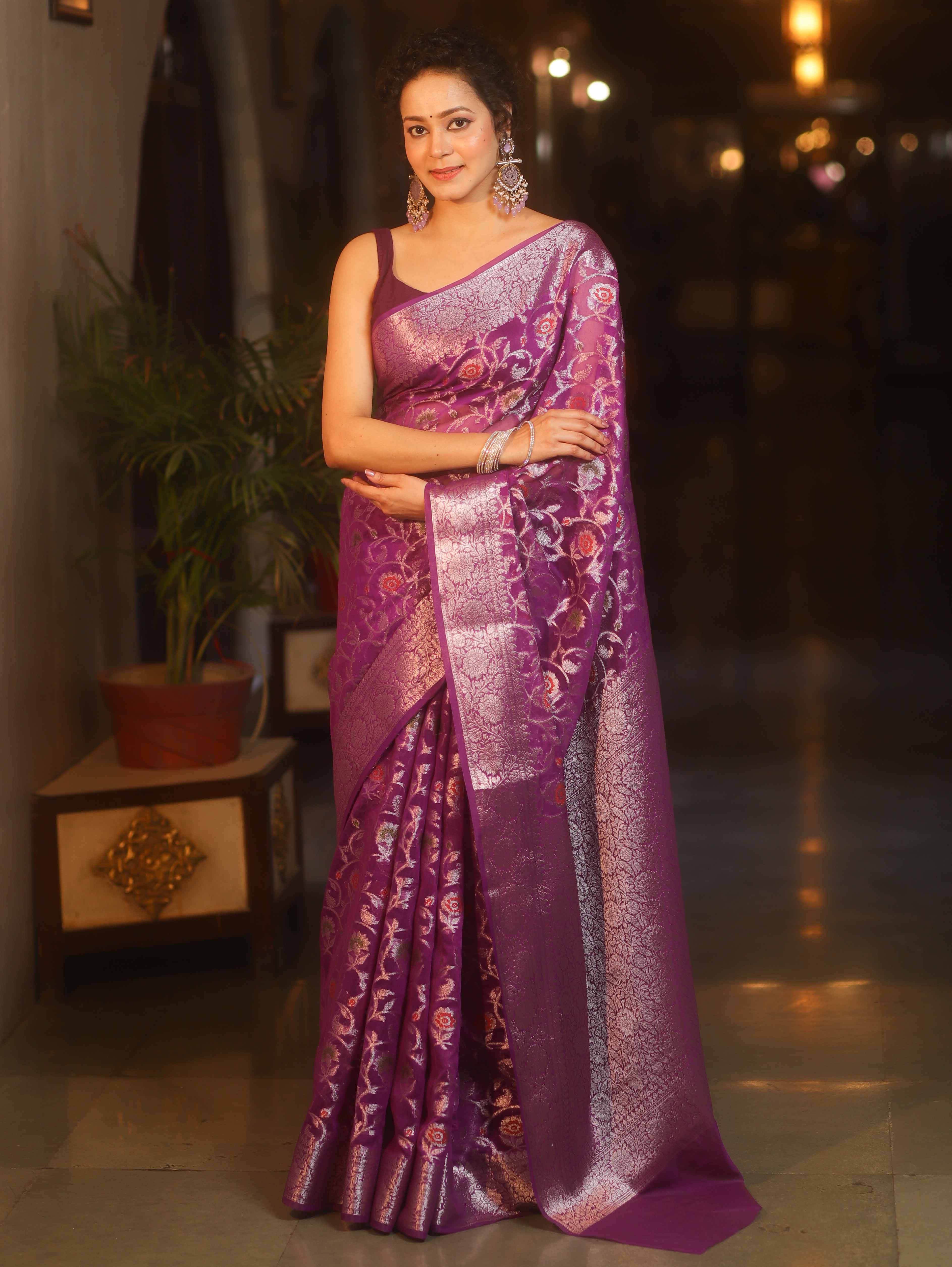 Banarasee Faux Georgette Saree With Sliver Zari & Resham Jaal Work-Violet
