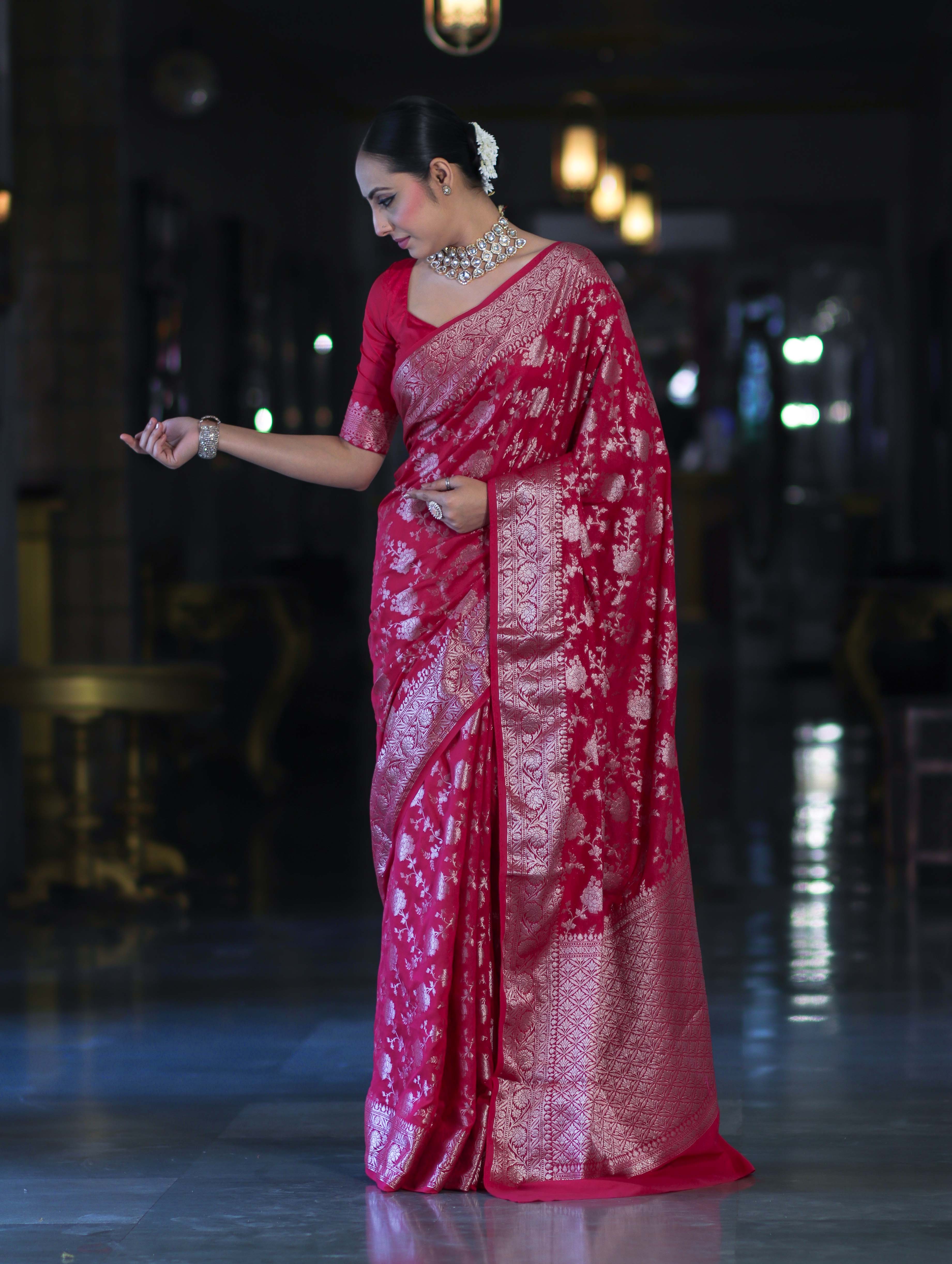 Banarasee Handwoven Georgette Saree With Zari Jaal Design & Border-Pink