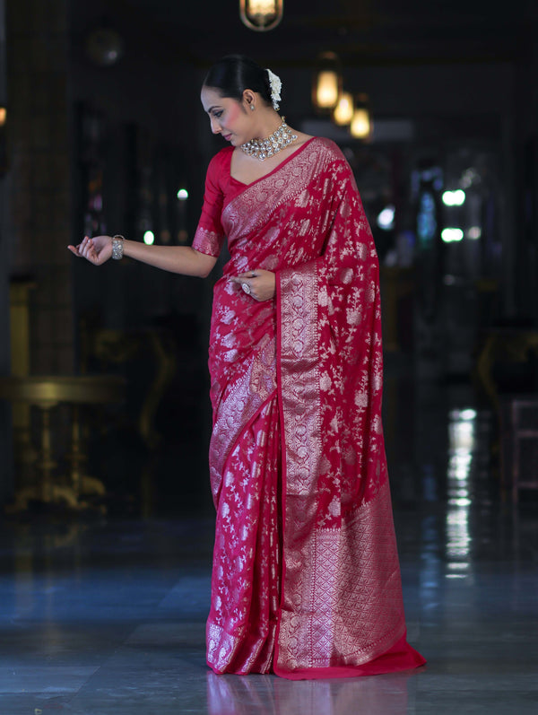 Banarasee Handwoven Georgette Saree With Zari Jaal Design & Border-Pink