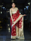 Banarasee Chiffon Saree With Hand Embroidered Mirror Work Zari Woven Design & Contrast Border-Red & Cream
