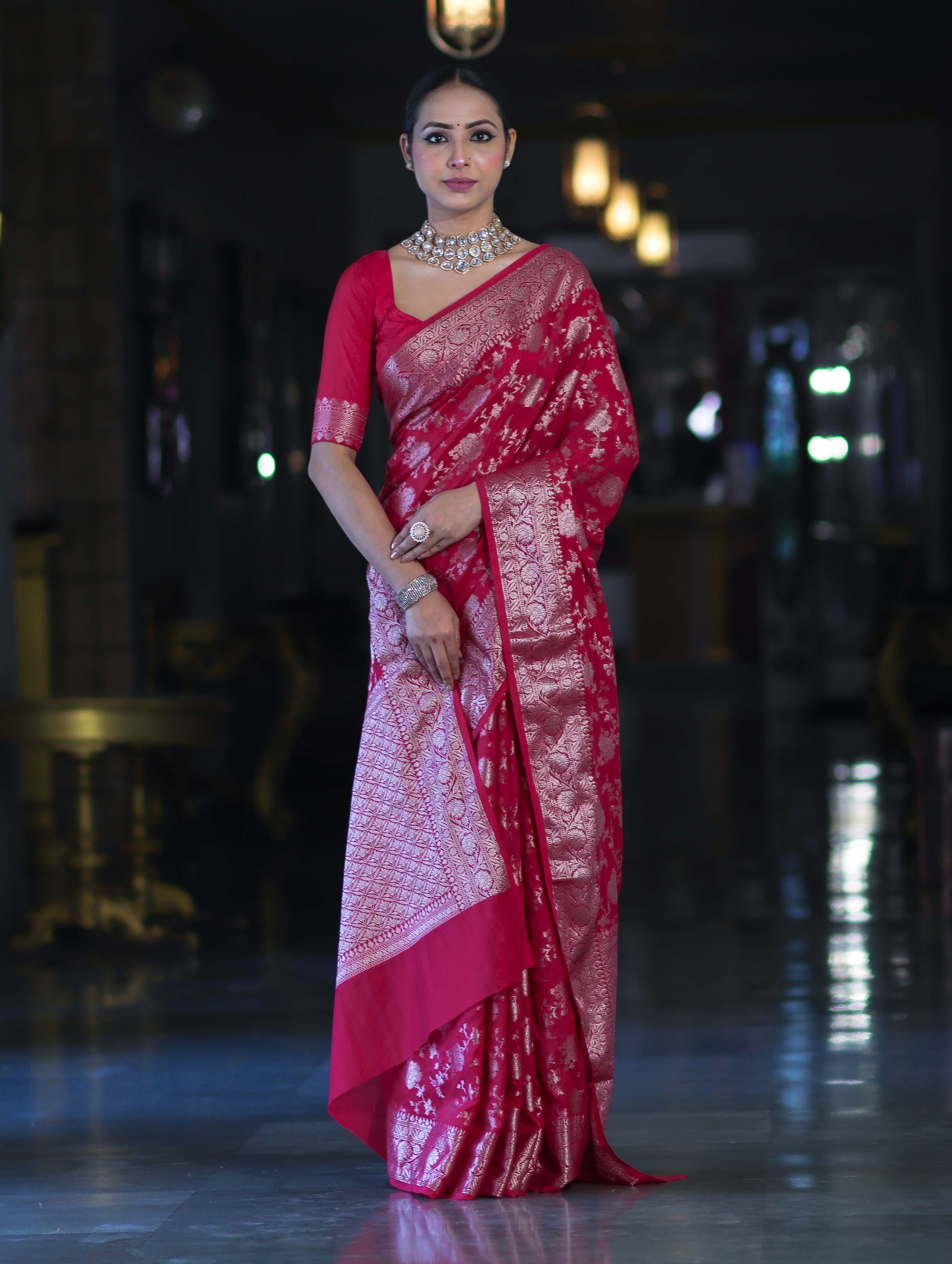 Banarasee Handwoven Georgette Saree With Zari Jaal Design & Border-Pink