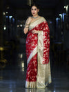 Banarasee Chiffon Saree With Hand Embroidered Mirror Work Zari Woven Design & Contrast Border-Red & Cream