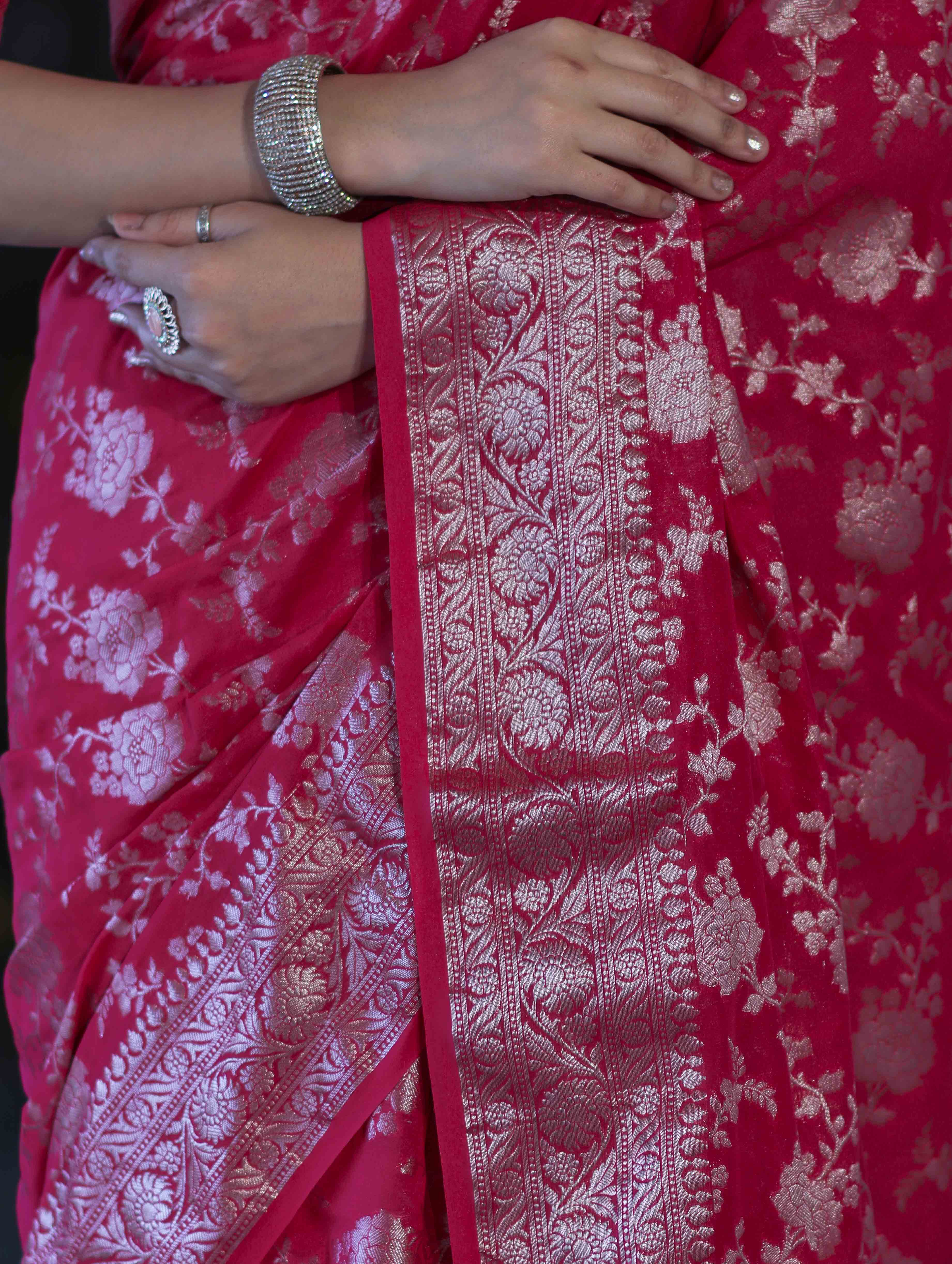 Banarasee Handwoven Georgette Saree With Zari Jaal Design & Border-Pink