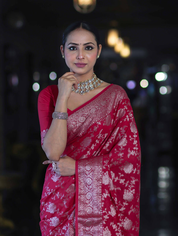Banarasee Handwoven Georgette Saree With Zari Jaal Design & Border-Pink