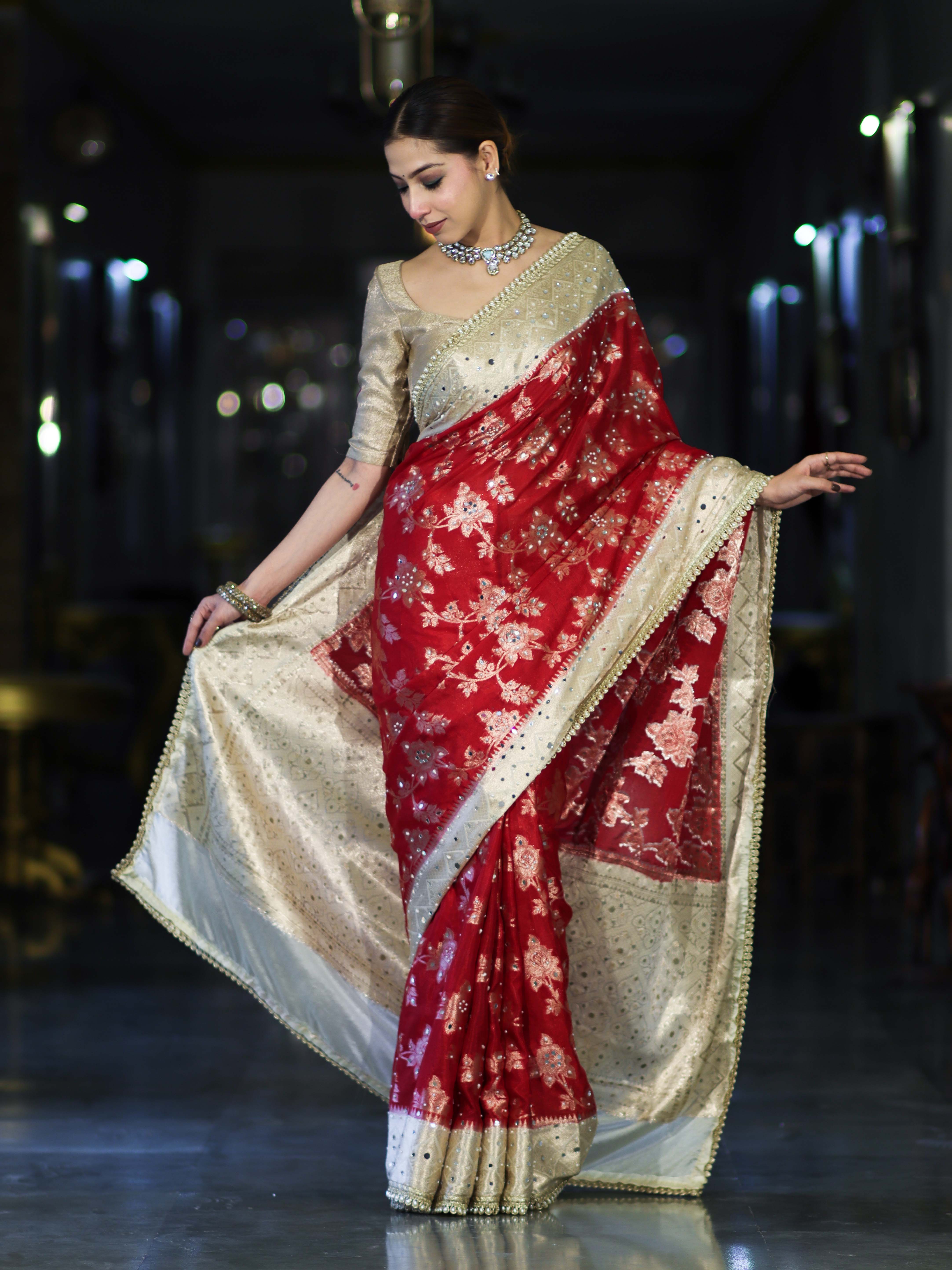 Banarasee Chiffon Saree With Hand Embroidered Mirror Work Zari Woven Design & Contrast Border-Red & Cream