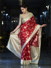 Banarasee Chiffon Saree With Hand Embroidered Mirror Work Zari Woven Design & Contrast Border-Red & Cream