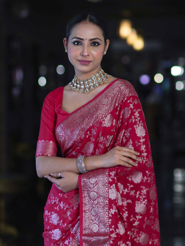 Banarasee Handwoven Georgette Saree With Zari Jaal Design & Border-Pink