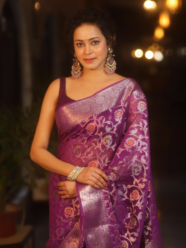 Banarasee Faux Georgette Saree With Sliver Zari & Resham Jaal Work-Violet
