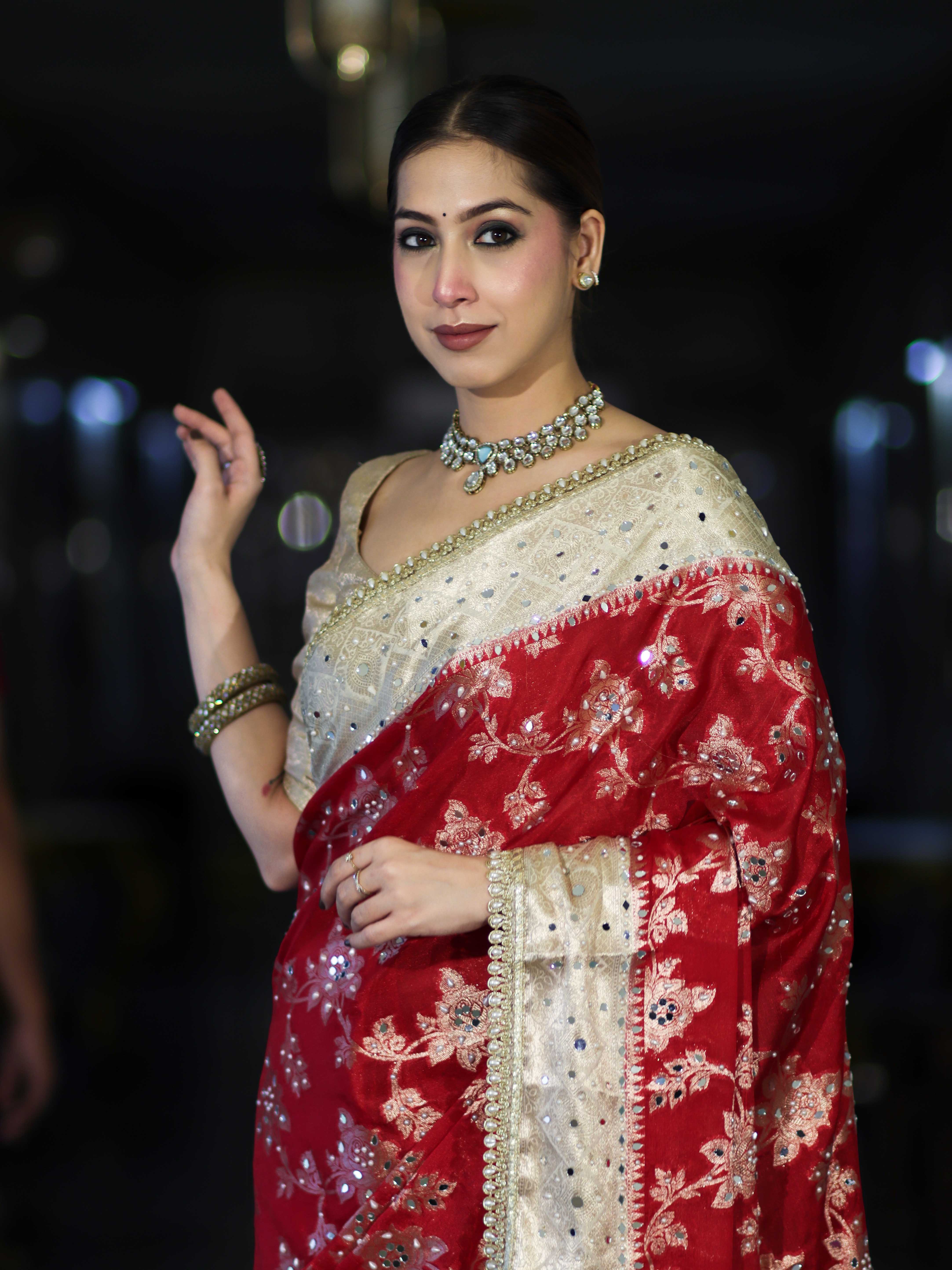 Banarasee Chiffon Saree With Hand Embroidered Mirror Work Zari Woven Design & Contrast Border-Red & Cream